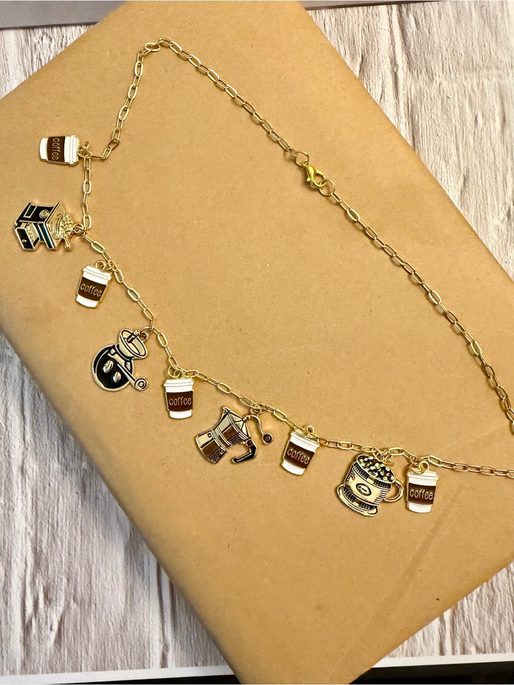 Gold Coffee Charm Necklace/Book Charm/Car Mirror Accessory